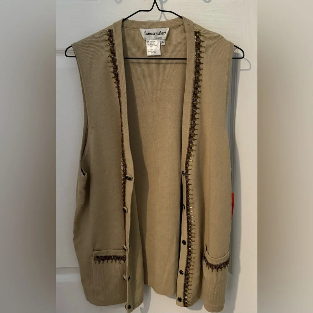 NWT Vintage FRANCO VALERI Embellished beaded cotton knit long vest streetwear L - Picture 3 of 5